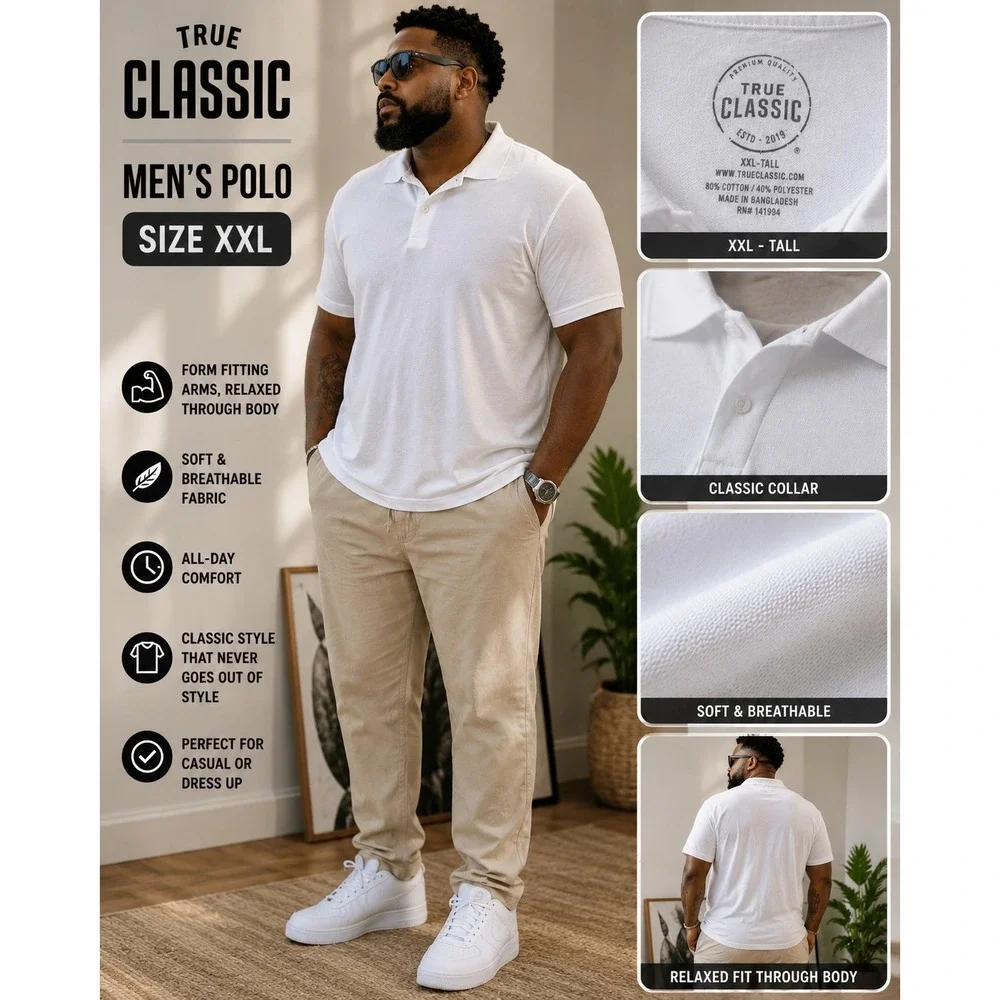 True Classic Mens Polo Shirt White XXL Tall Short Sleeve Cotton Blend Casual